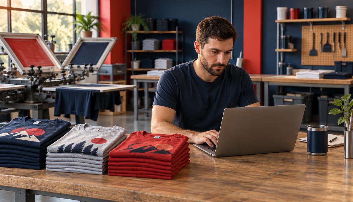 A reseller working on a laptop inside the North Ink screen printing shop