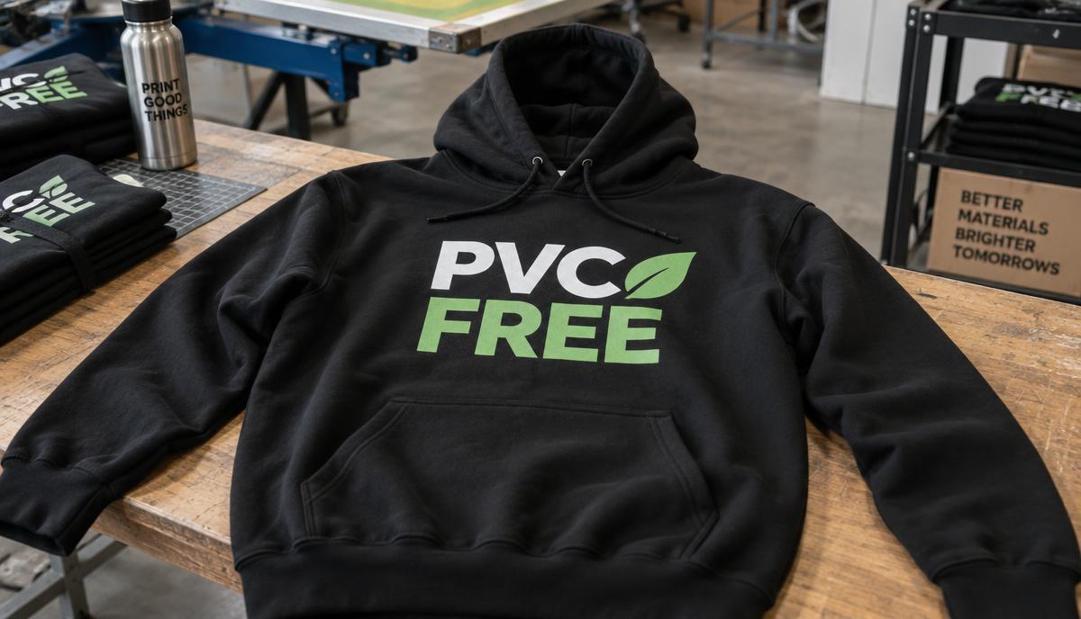 Black hoodie with a screen printed PVC FREE graphic on the chest
