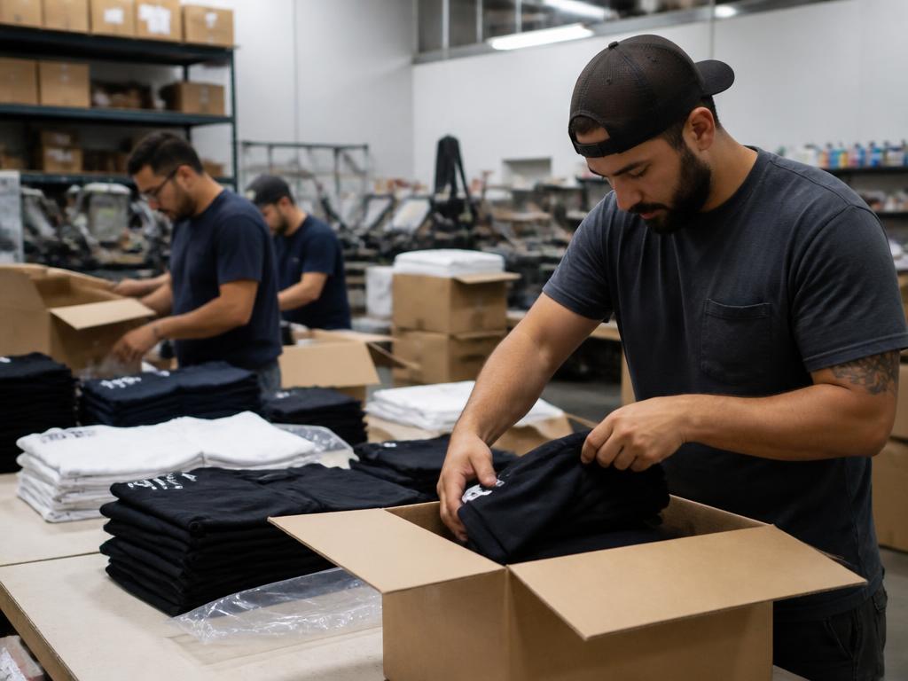 North Ink team folding and packaging finished custom printed t-shirts for shipment