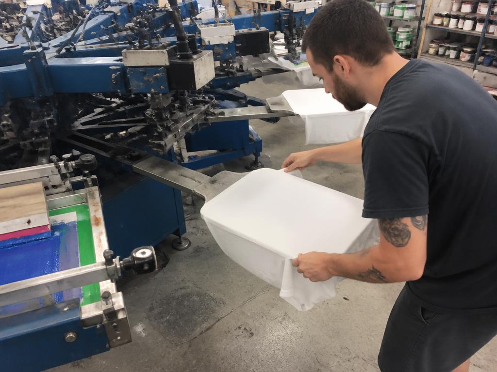 North Ink team member operating an automatic screen printing press with colorful prints on white shirts