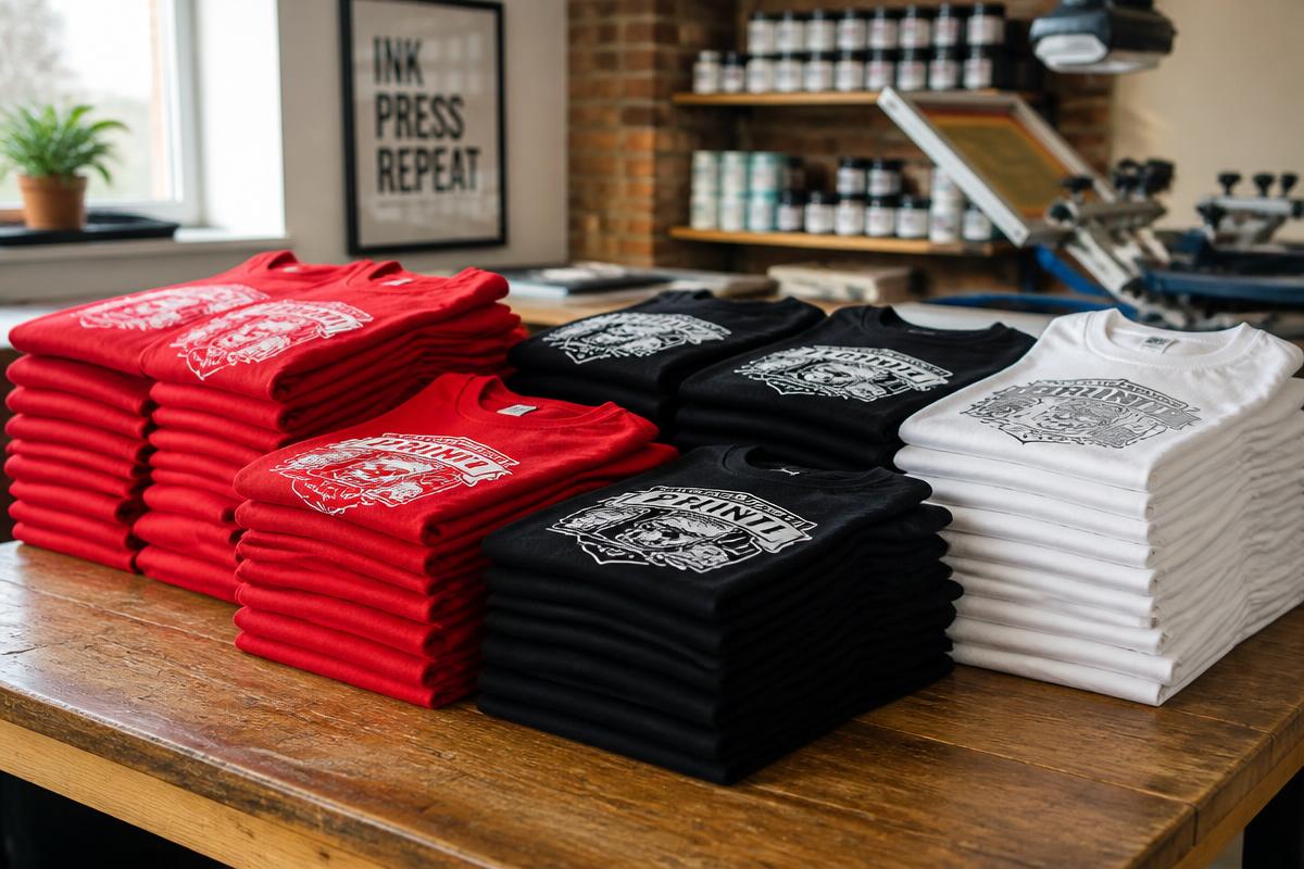 Bulk folded screen printed t-shirts in red, black and white stacked on a table