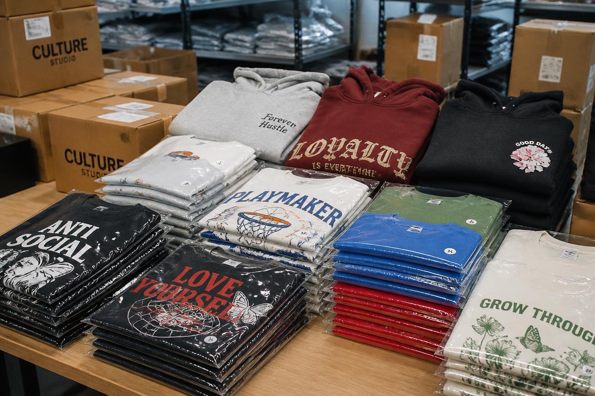 Pile of finished custom printed apparel folded and ready for shipping